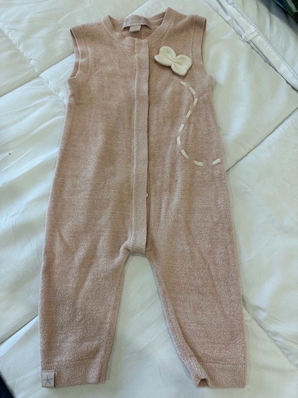 Barefoot Dreams Blush Pink Terry Baby Romper with Cream Bow